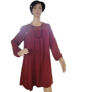 Gap Large Crocheted Dress Burgundy chiffon Rayon Smocked long sleeve flowy EUC